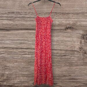Red Floral Soft Flowy Maxi Dress Adjustable Straps Smocked Bodice Casual Comfort